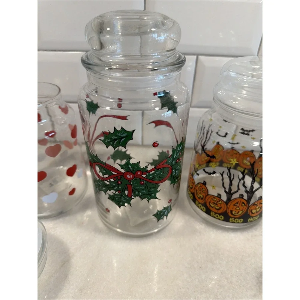 Lot Of 3 Vintage Libbey/Anchor Hocking Candy‎ Jars Valentine/halloween/xmas 0001